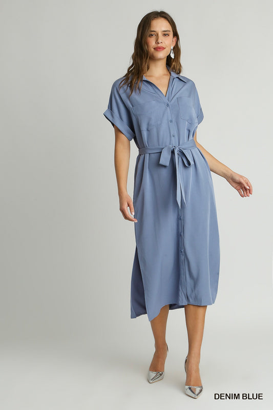 Collared Short Sleeve Button Down Midi Dress