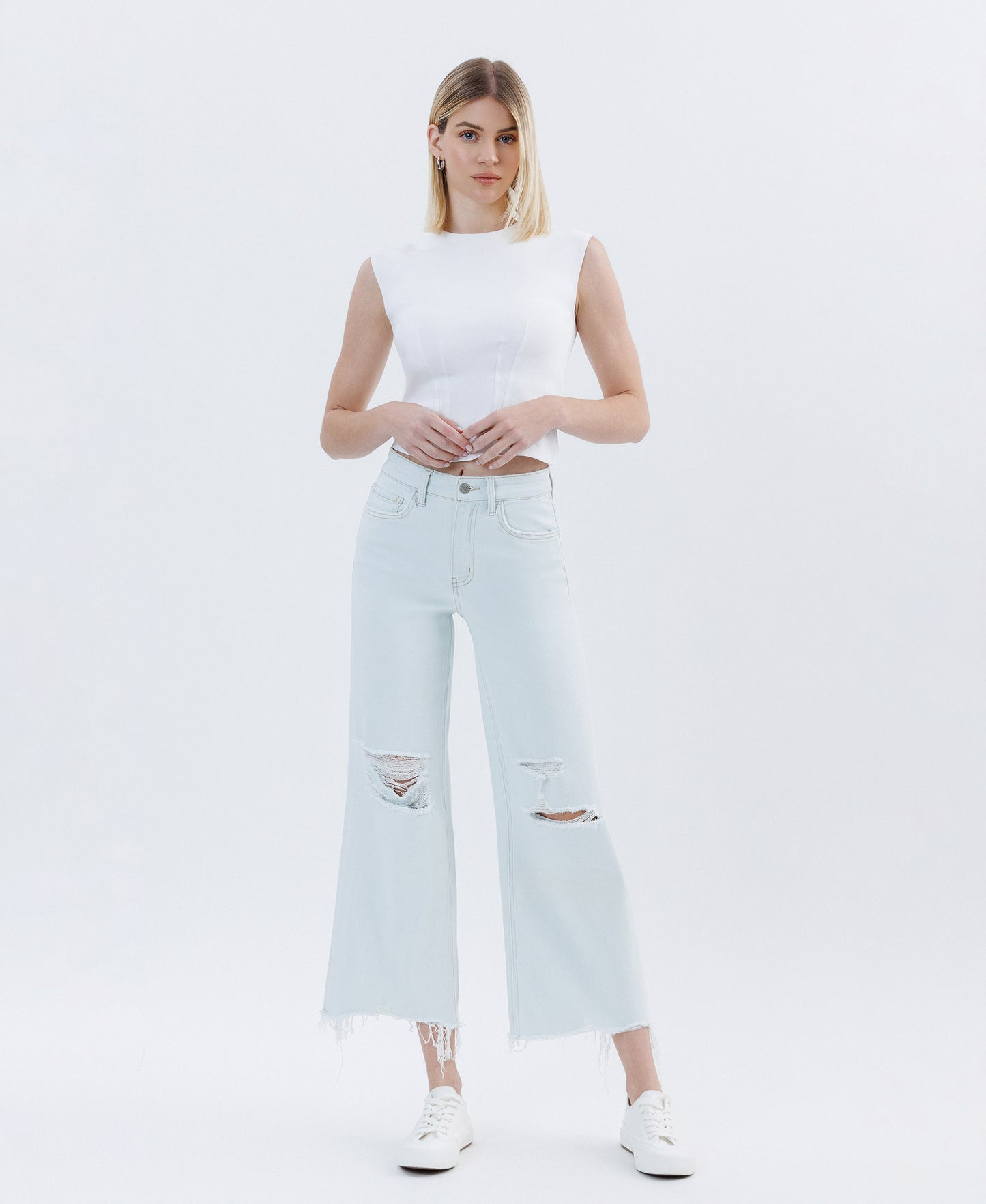 High Rise Distressed Crop Wide Jeans