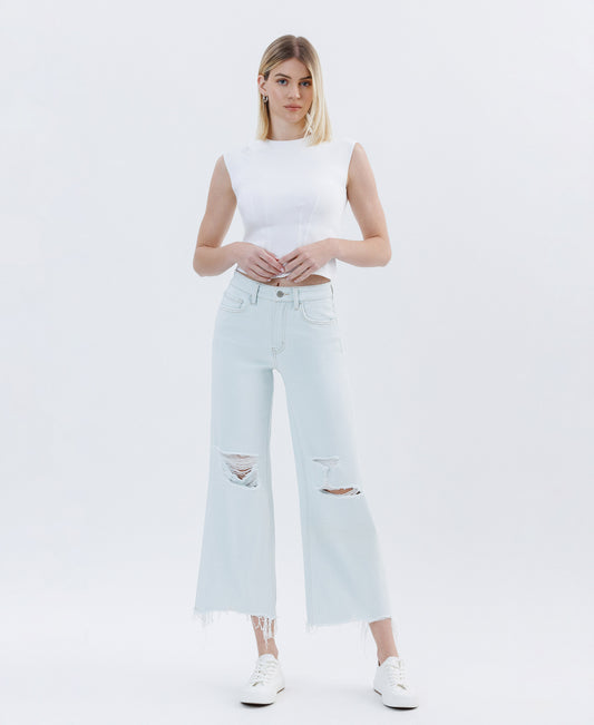 High Rise Distressed Crop Wide Jeans