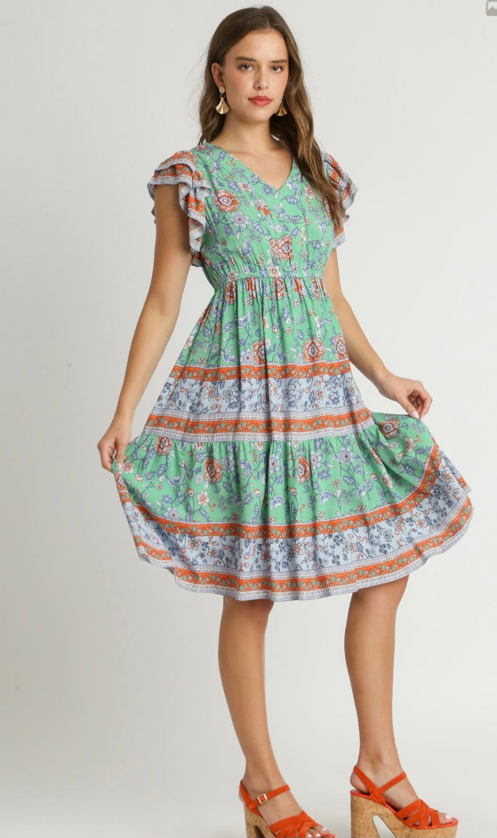 Border Print V-Neck Pleated Midi Dress with Ruffle Sleeve