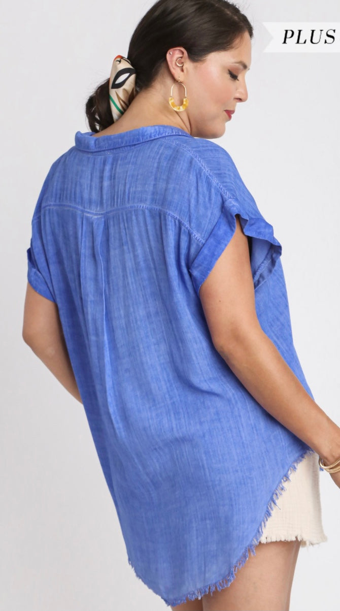 Washed Button Up Short Sleeve Top with Frayed Hemline Extended Size