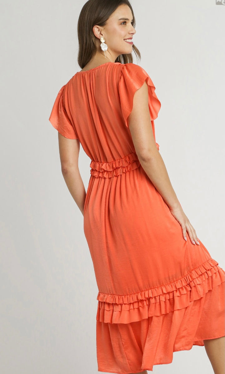 V-Neck Ruffle Trim Maxi Dress with Pleated Details