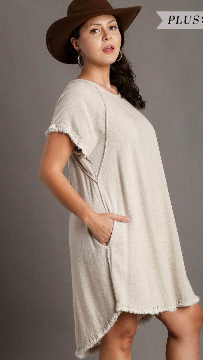 Linen Blend Round Neck Pocket Dress Extended Size