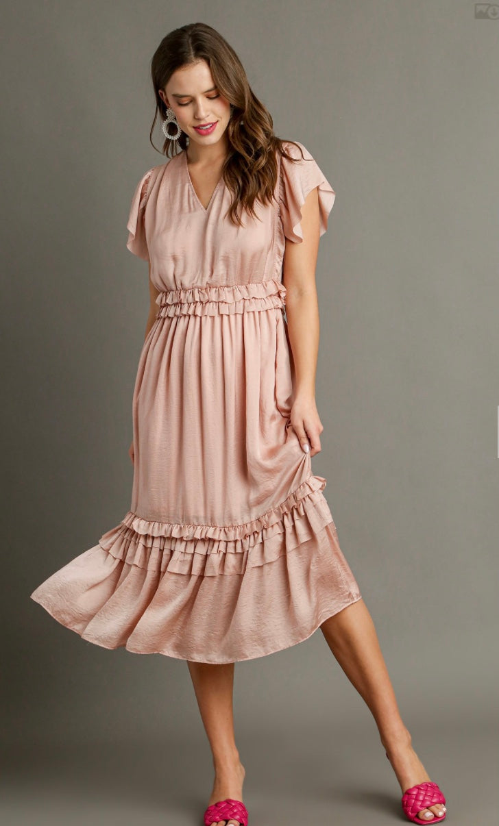 V-Neck Ruffle Trim Maxi Dress with Pleated Details