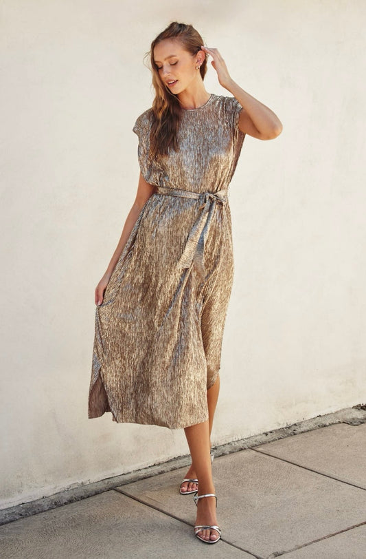 Gold Foiled Cap Sleeve Maxi Dress