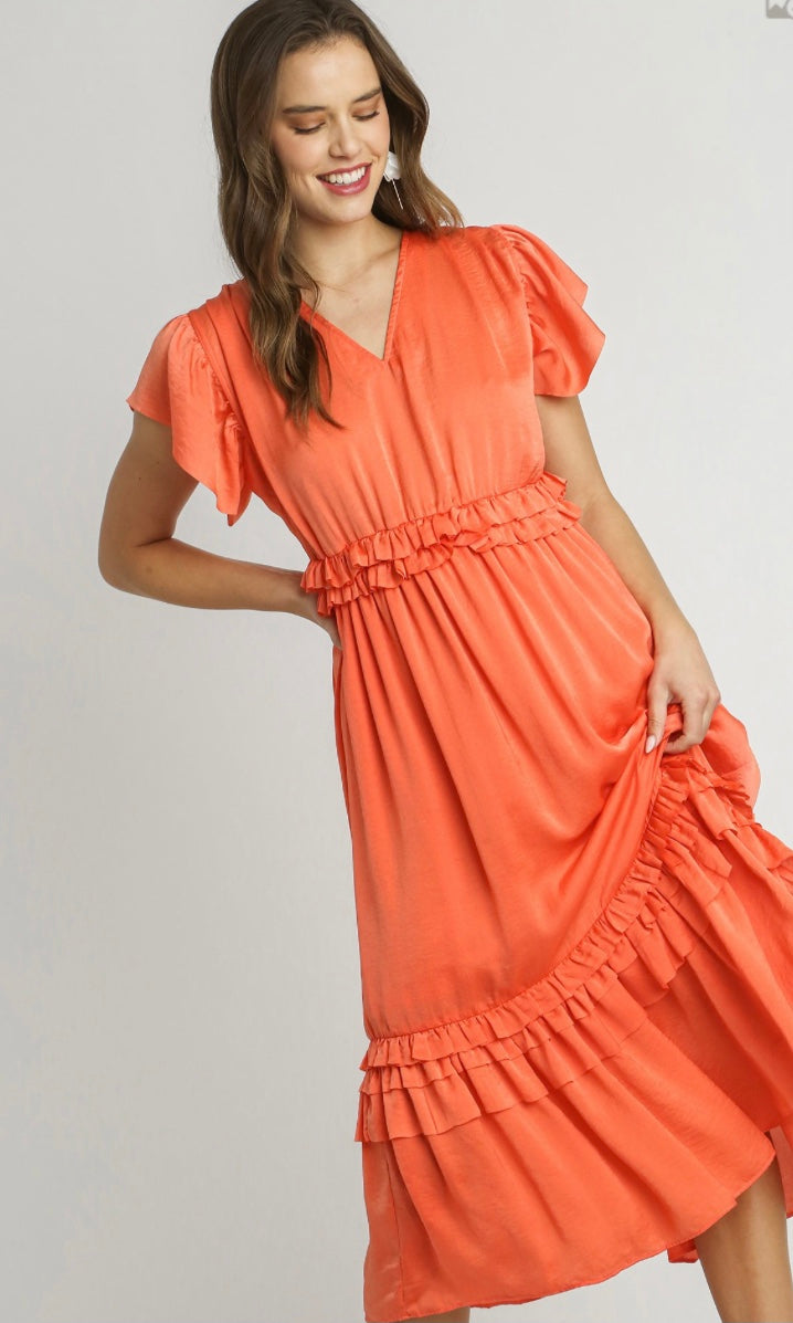 V-Neck Ruffle Trim Maxi Dress with Pleated Details