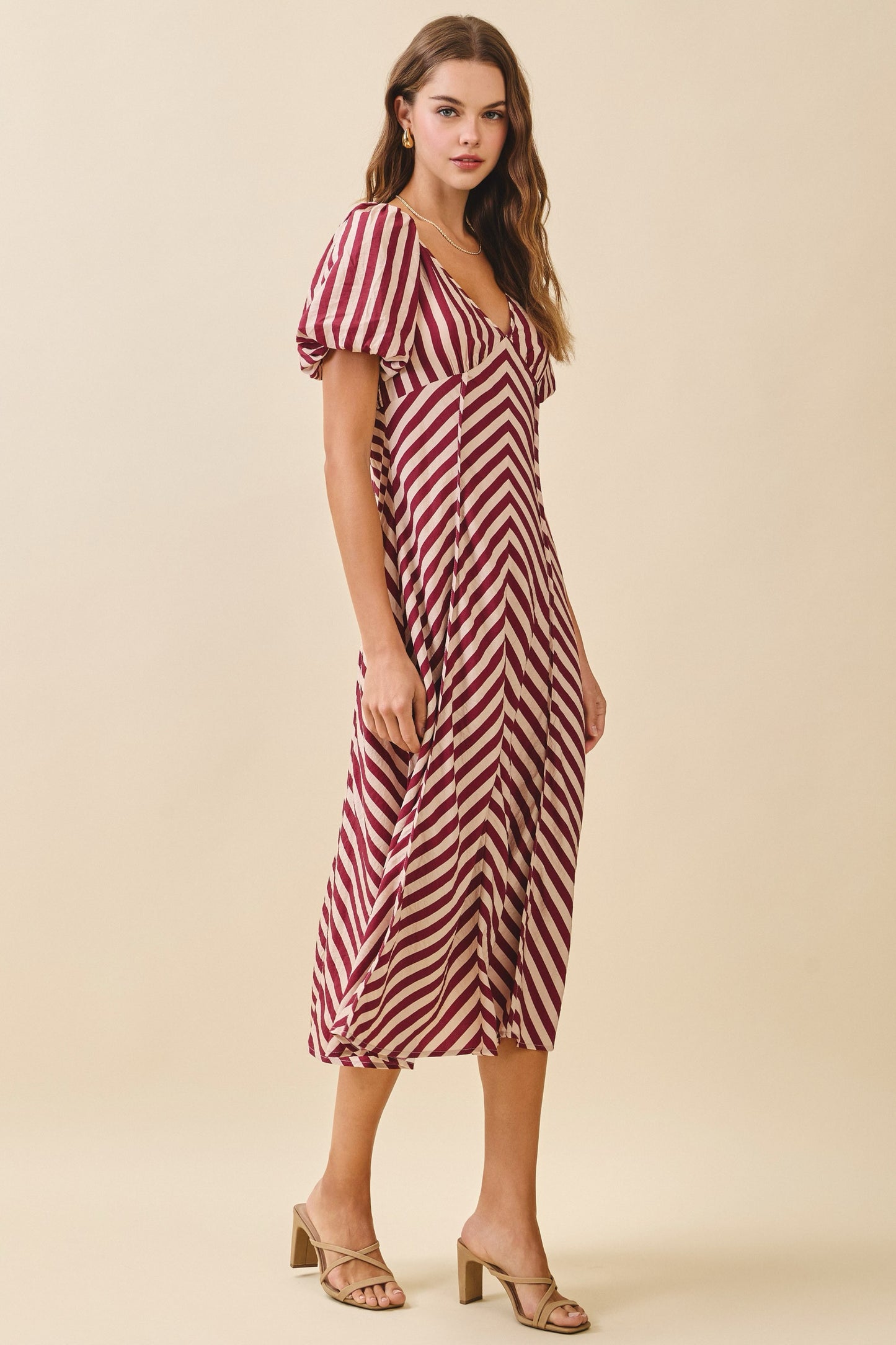 Striped Smocked Bodice V Neck Midi Dress
