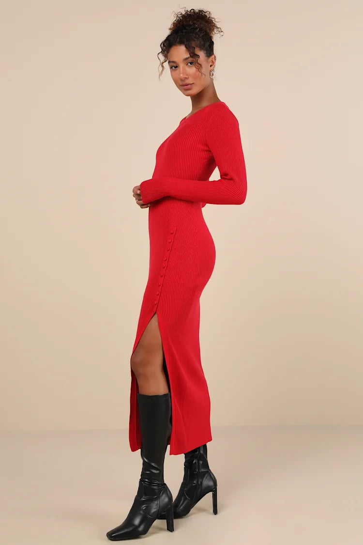 Ribbed Side Button Midi Sweater Dress