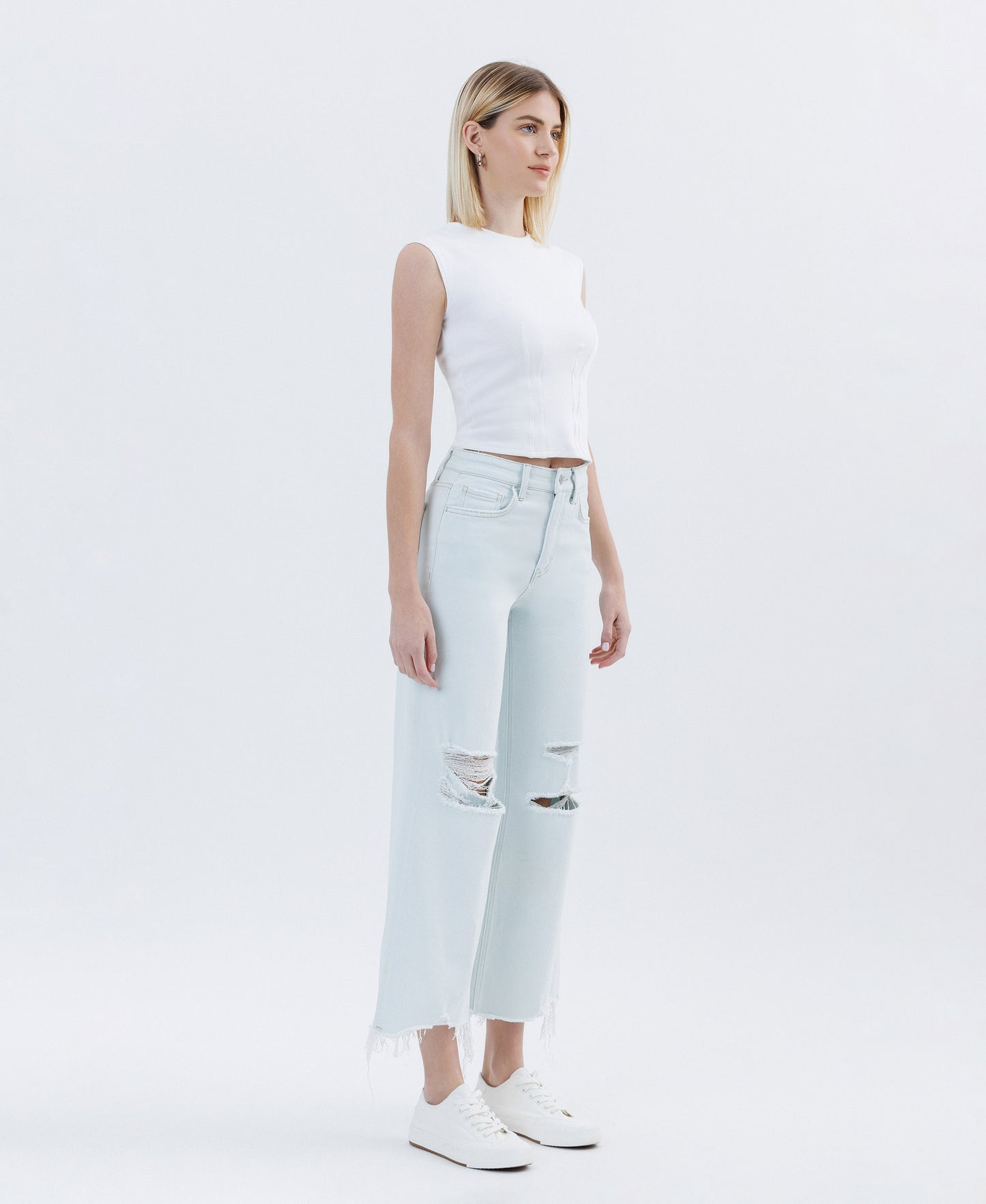 High Rise Distressed Crop Wide Jeans