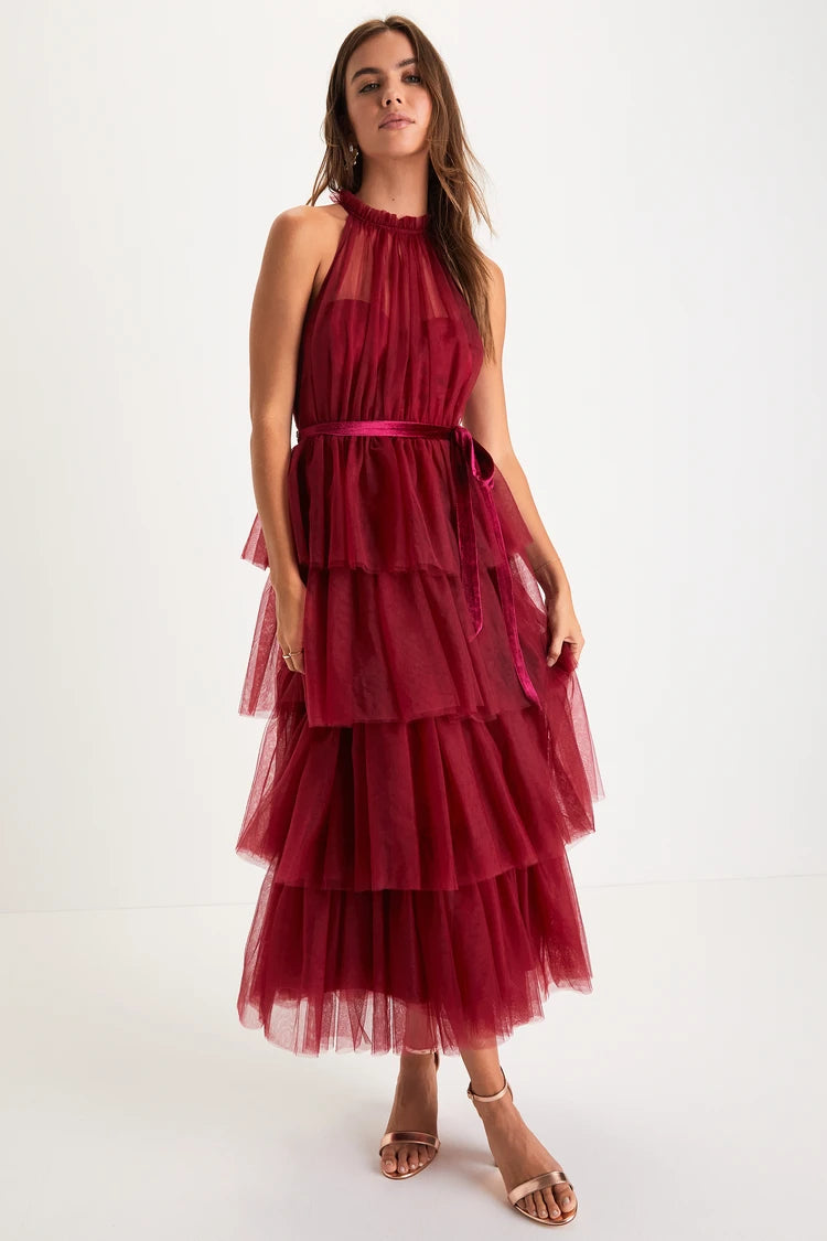 Tulle Tiered Halter Midi Dress