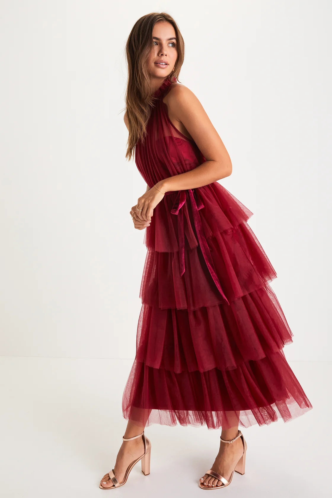 Tulle Tiered Halter Midi Dress