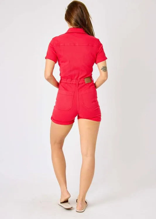 Judy Blue Red Short Sleeve Denim Romper