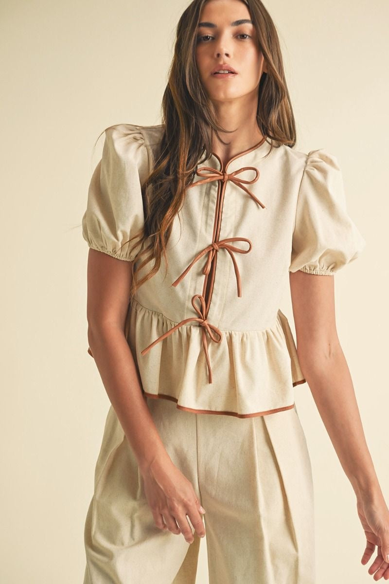 Ribbon Detail Short sleeve Linen Top