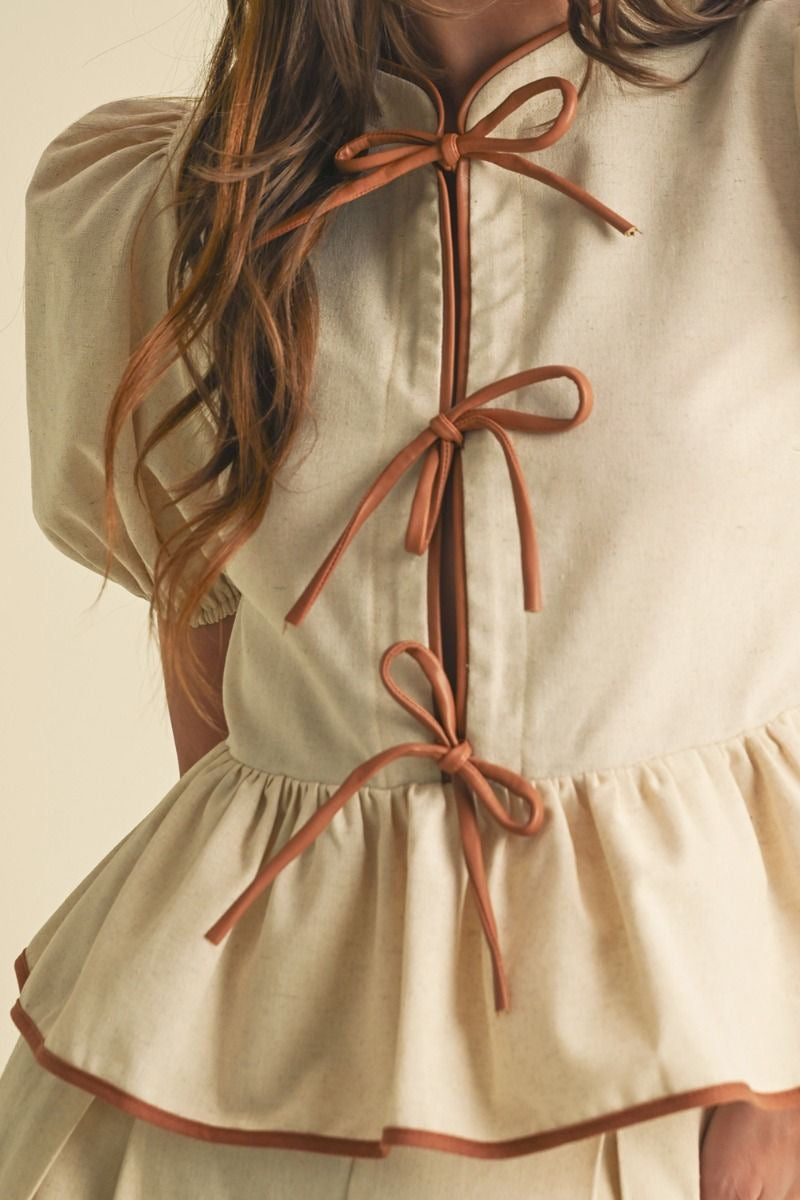 Ribbon Detail Short sleeve Linen Top