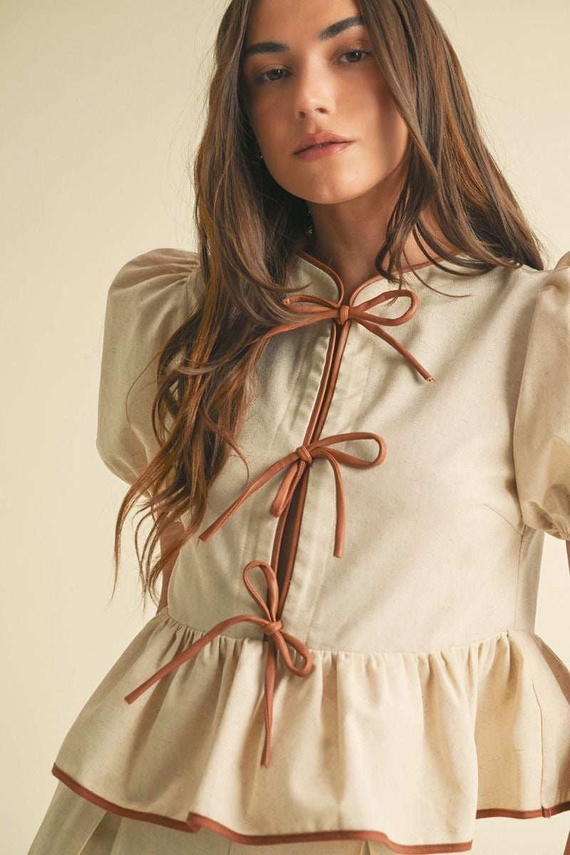 Ribbon Detail Short sleeve Linen Top