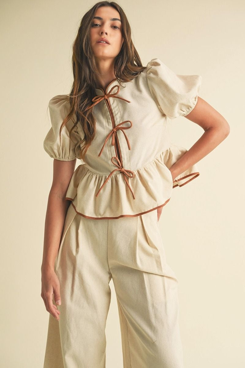 Ribbon Detail Short sleeve Linen Top