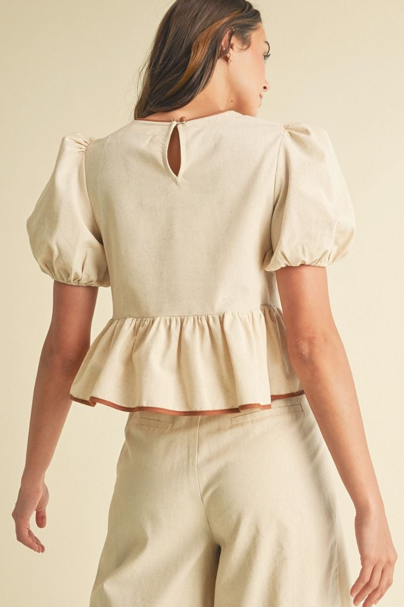 Ribbon Detail Short sleeve Linen Top