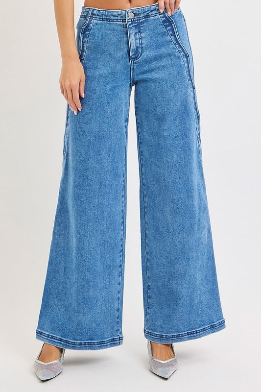 High Rise Wide Leg Jeans with Scalloped Edge Detail