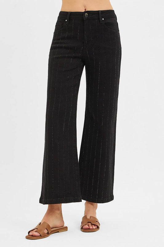 High Rise Crop Wide Rhinestone Pants