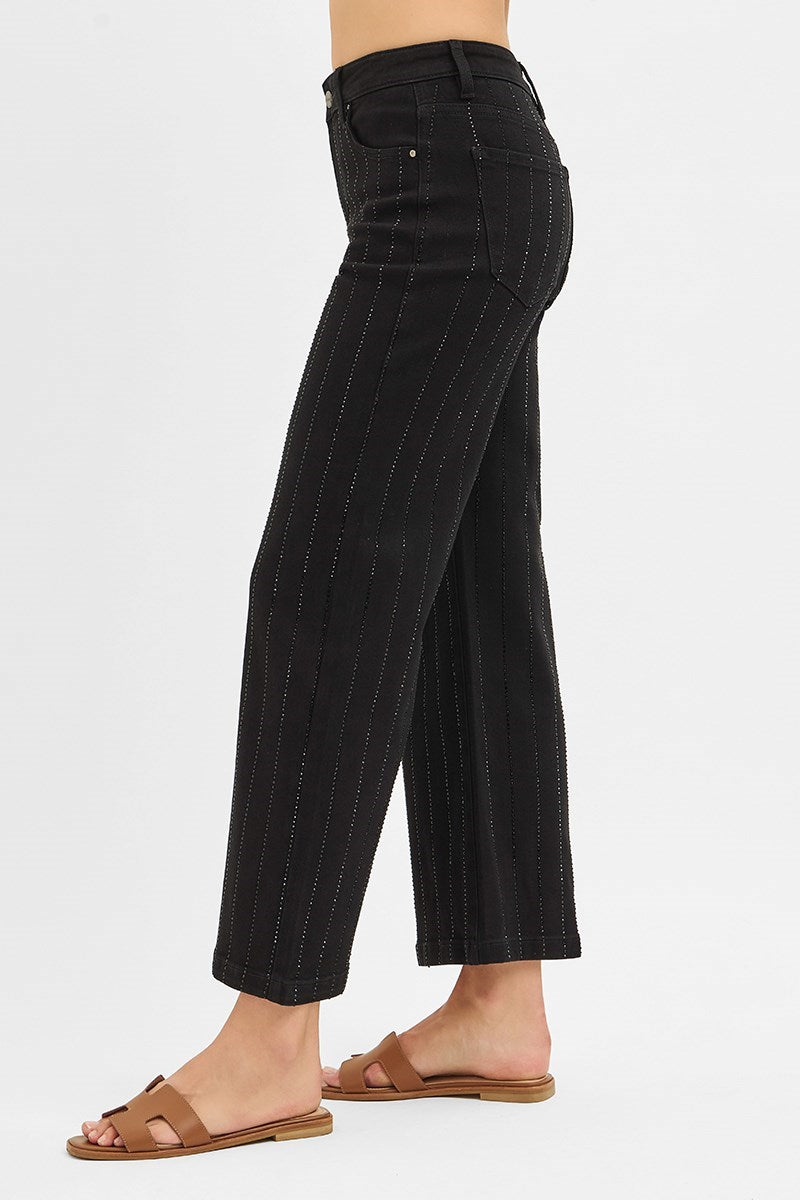 High Rise Crop Wide Rhinestone Pants