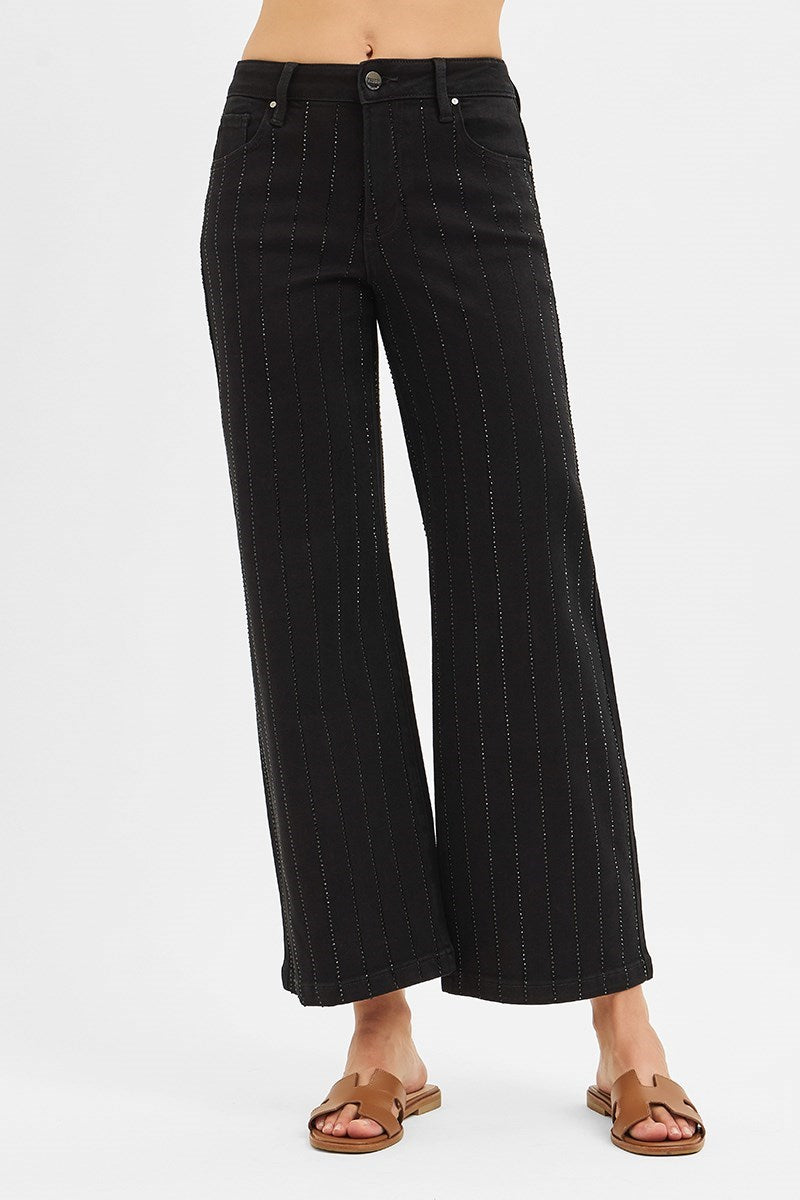 High Rise Crop Wide Rhinestone Pants