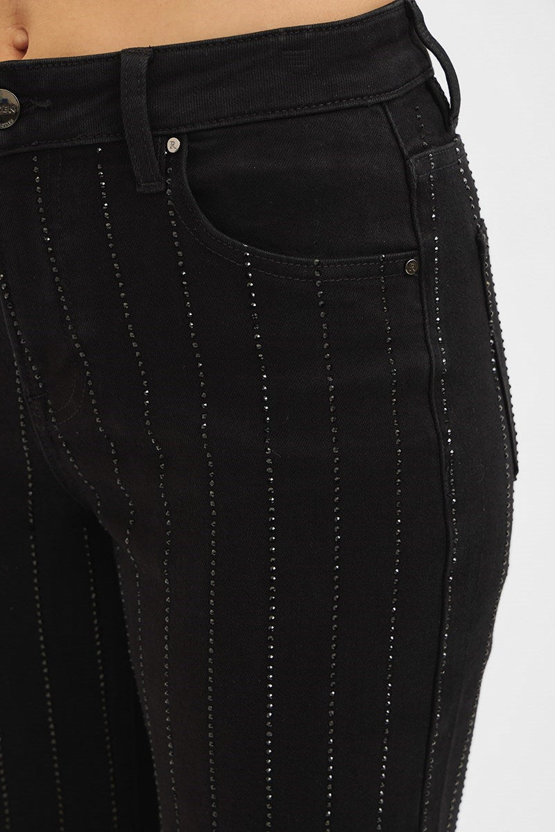 High Rise Crop Wide Rhinestone Pants