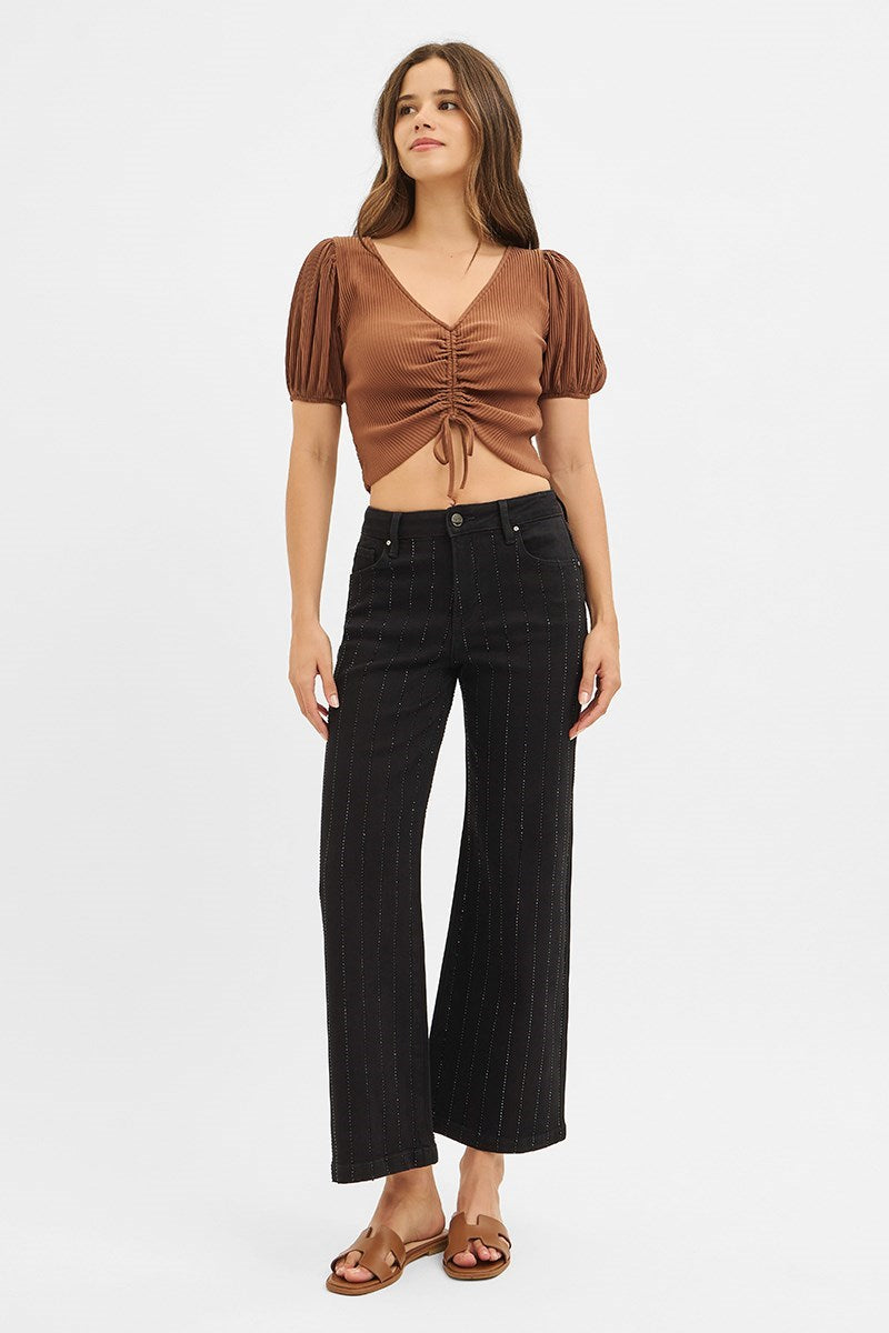 High Rise Crop Wide Rhinestone Pants