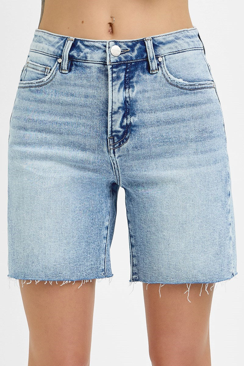 Tummy Control High Rise Mid Length Raw Cut Hem Shorts