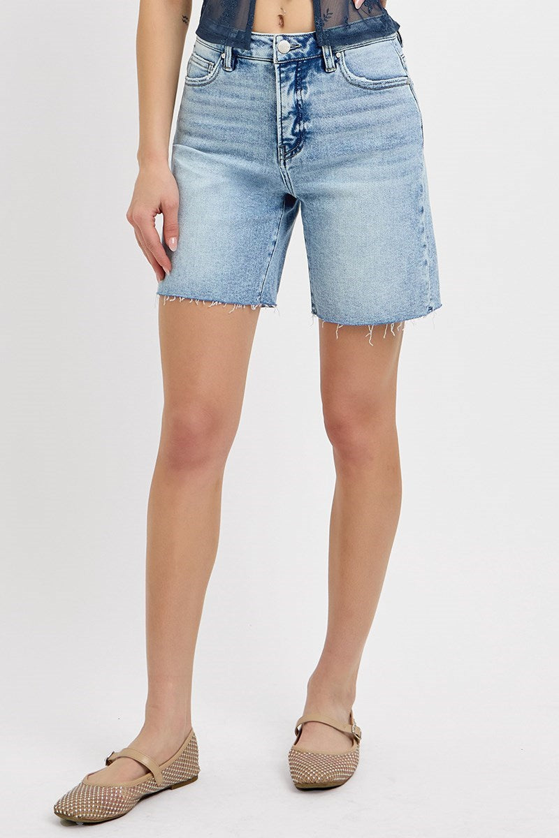 Tummy Control High Rise Mid Length Raw Cut Hem Shorts