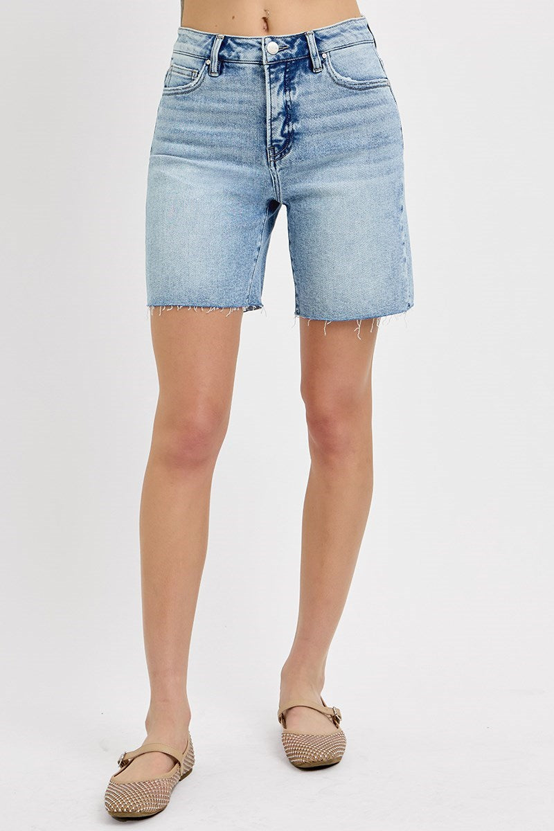 Tummy Control High Rise Mid Length Raw Cut Hem Shorts