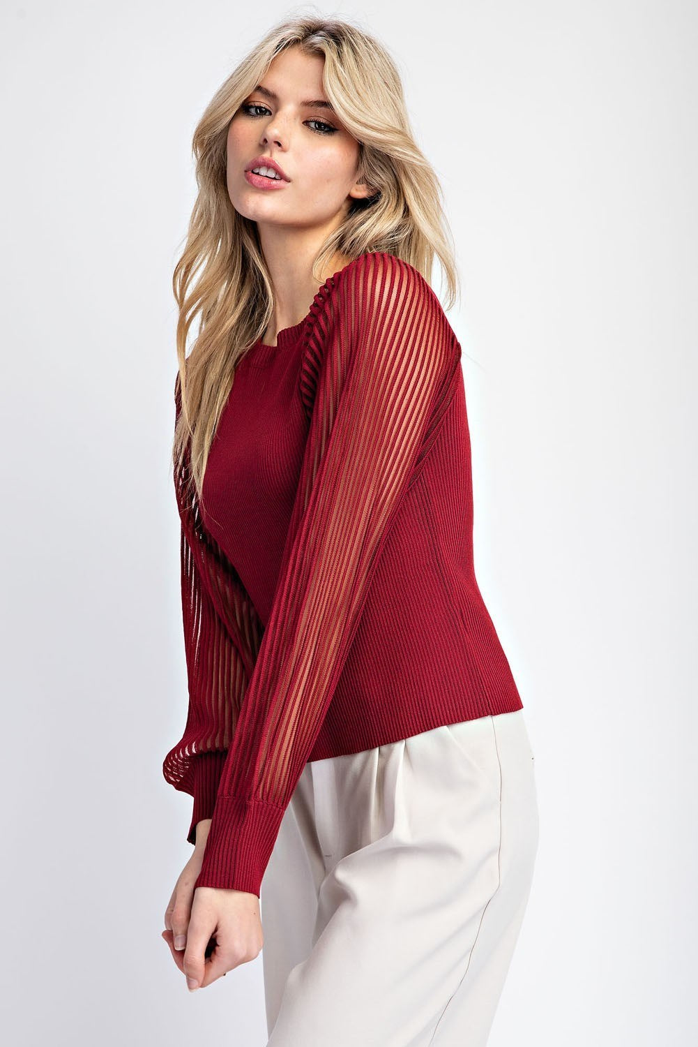 Sheer Ribbed Long Sleeve Sweater