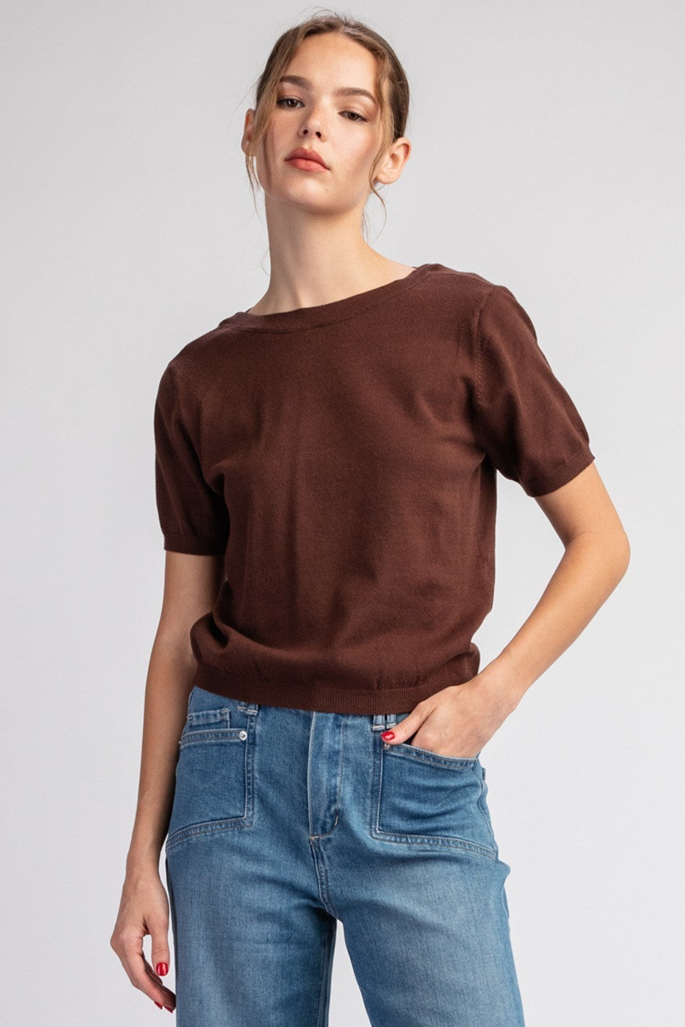 Mesh Bow Short Sleeve Sweater Top