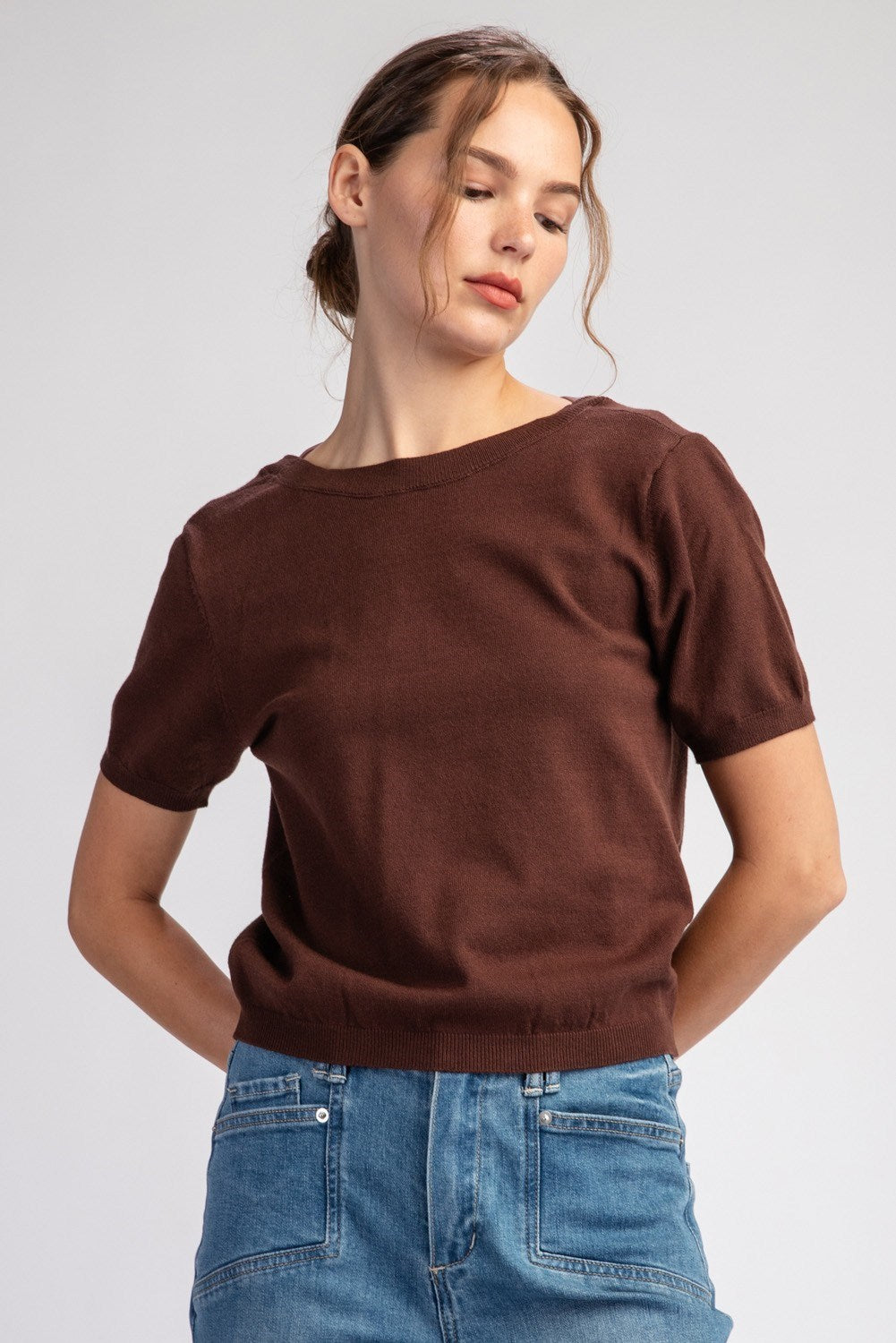 Mesh Bow Short Sleeve Sweater Top