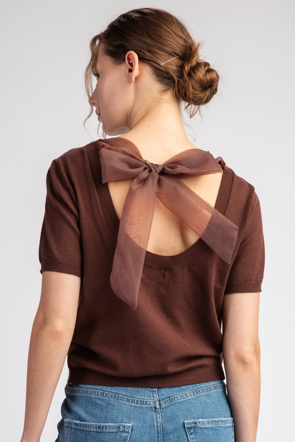 Mesh Bow Short Sleeve Sweater Top