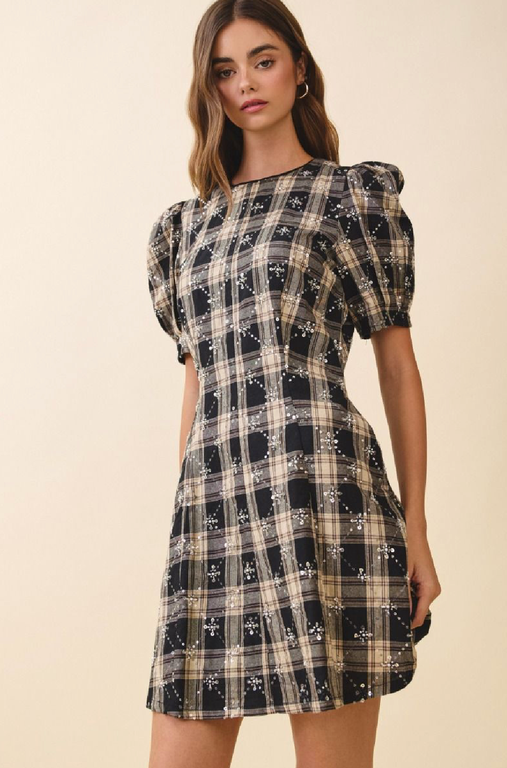 Short Sleeve Mini Dress Plaid & Sequins