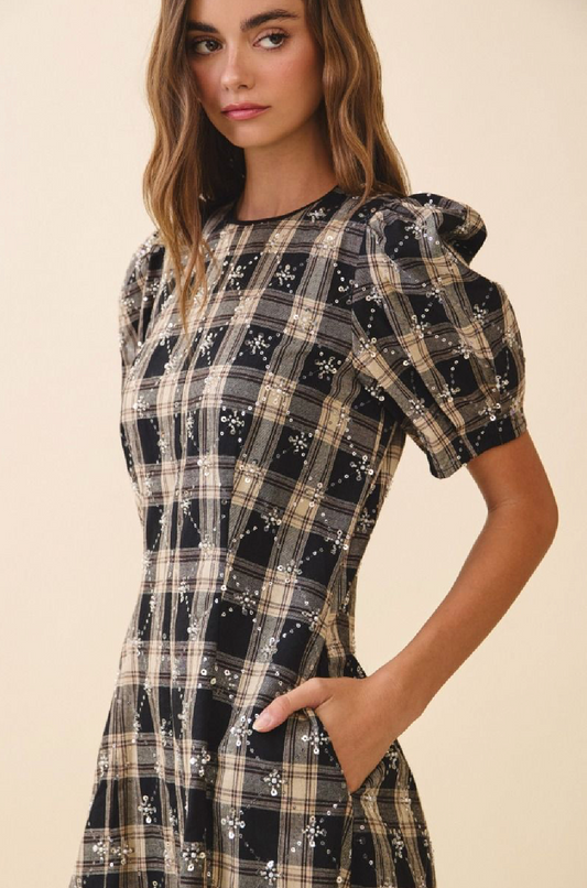 Short Sleeve Mini Dress Plaid & Sequins