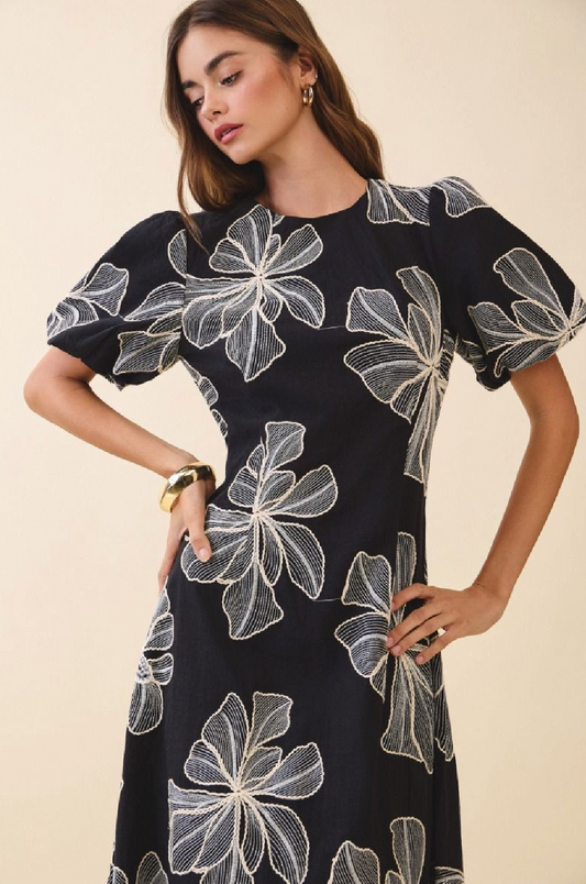 Embroidered Midi Dress with Round Neck