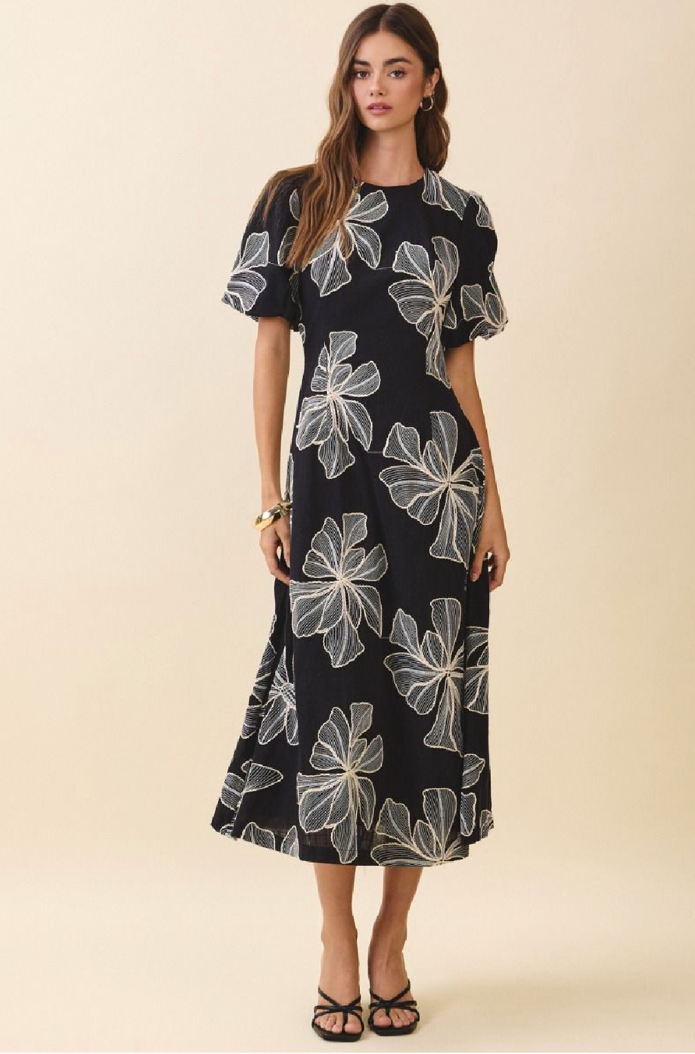 Embroidered Midi Dress with Round Neck