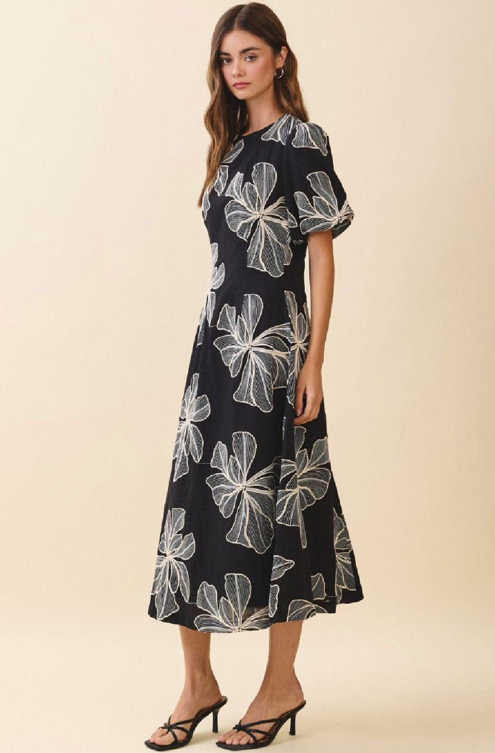 Embroidered Midi Dress with Round Neck