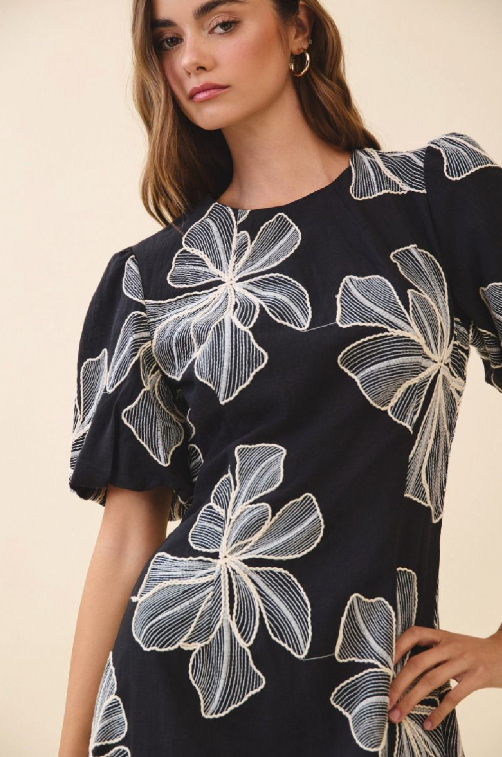 Embroidered Midi Dress with Round Neck