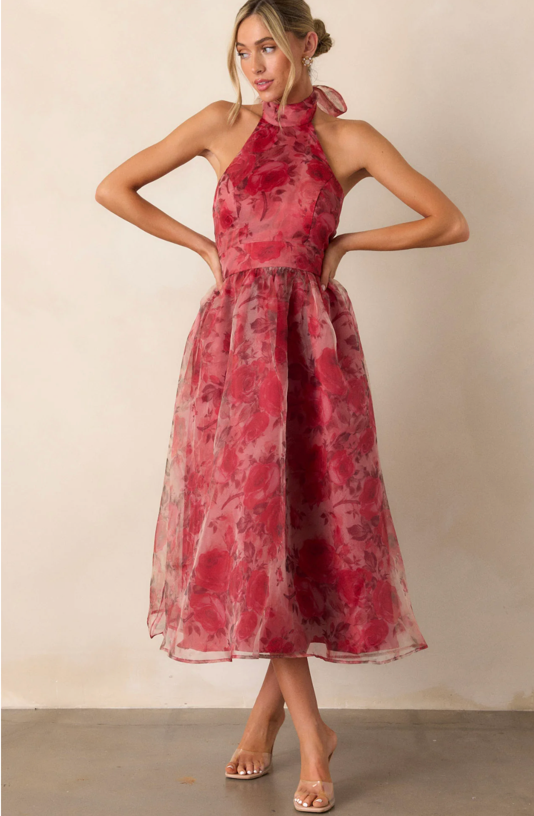 Charming Red Floral Organza Halter Midi Dress