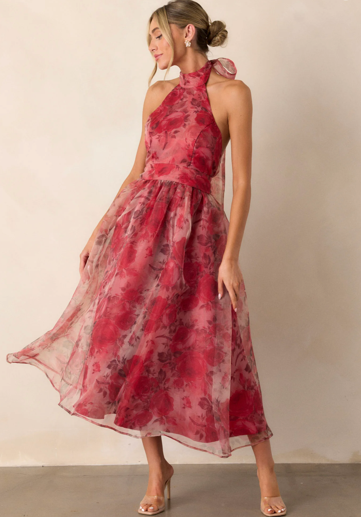 Charming Red Floral Organza Halter Midi Dress