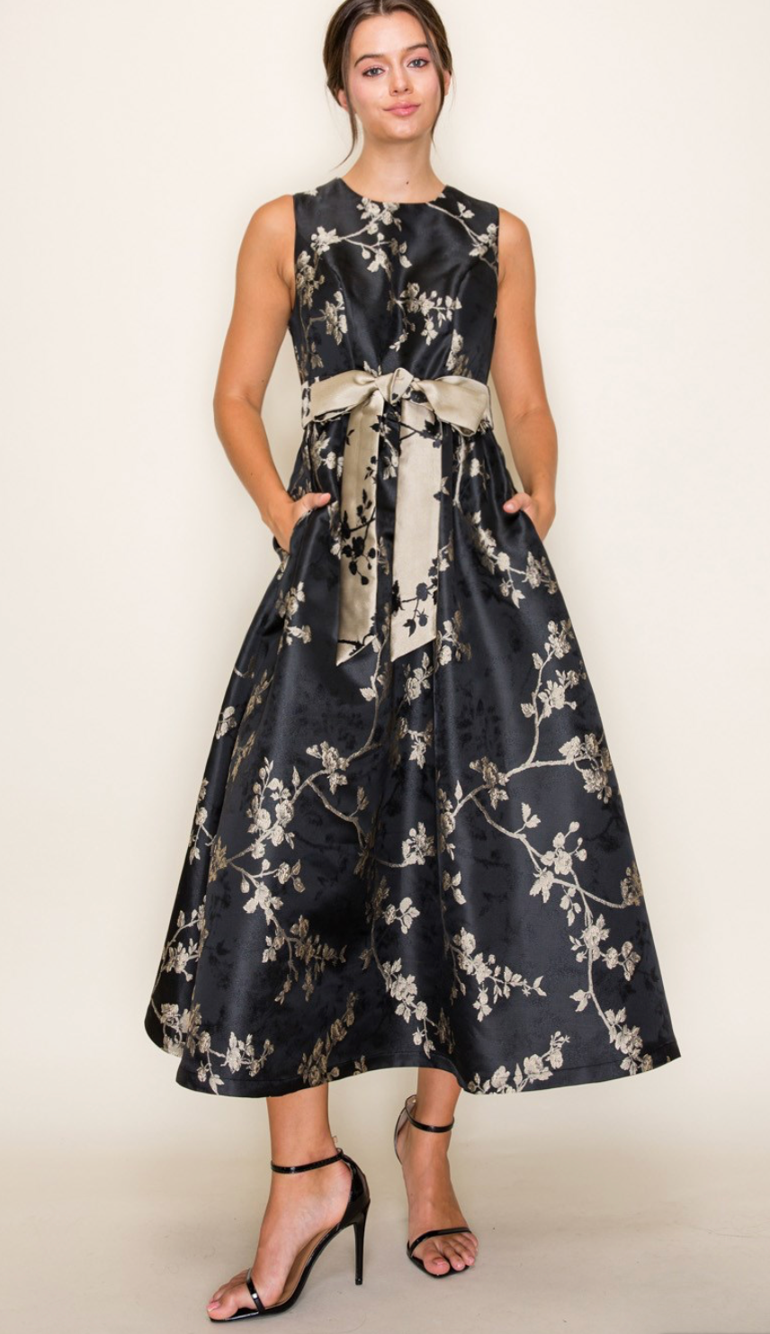 Fit & Flare with Bow Waist Floral Jacquard Midi Dress