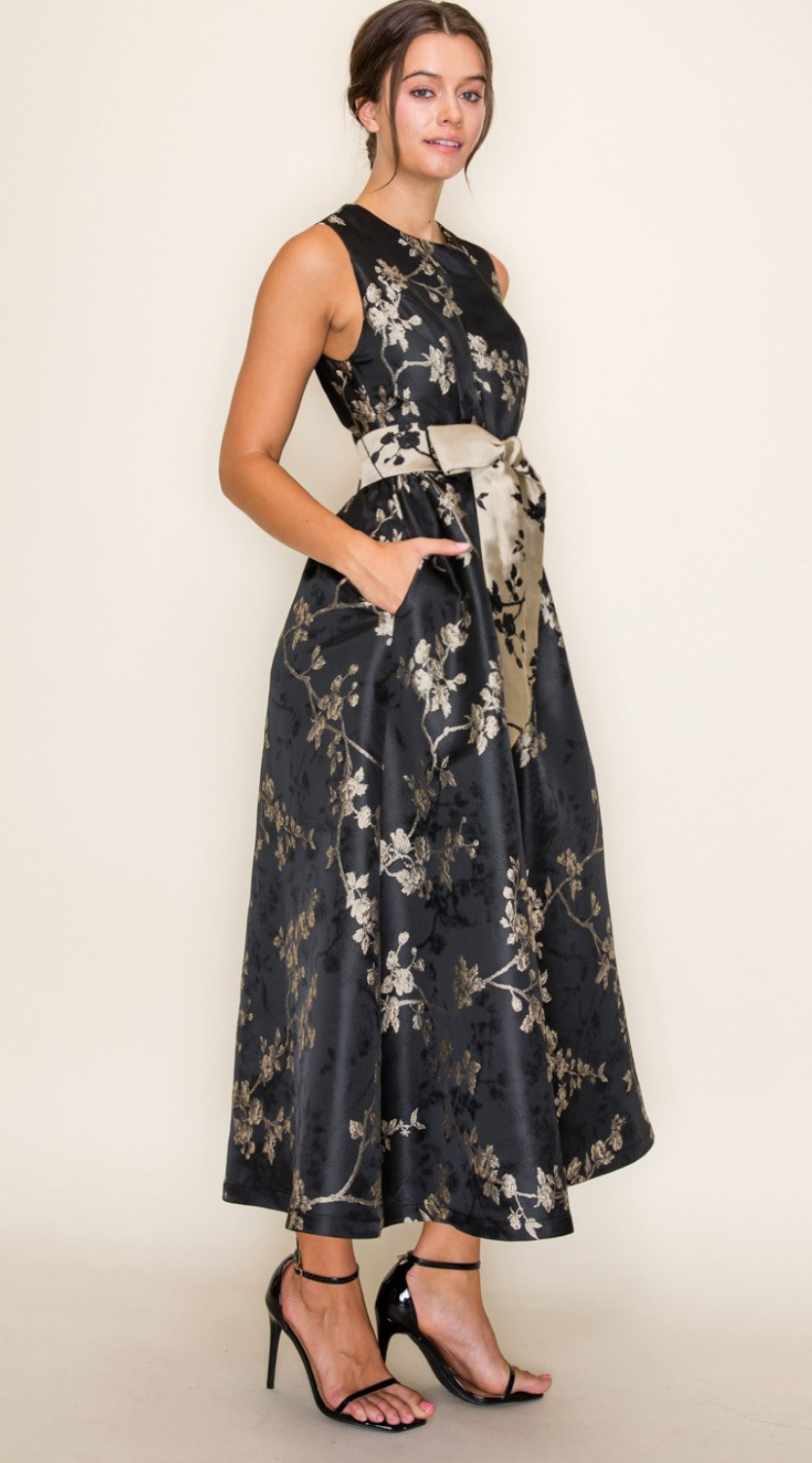 Fit & Flare with Bow Waist Floral Jacquard Midi Dress
