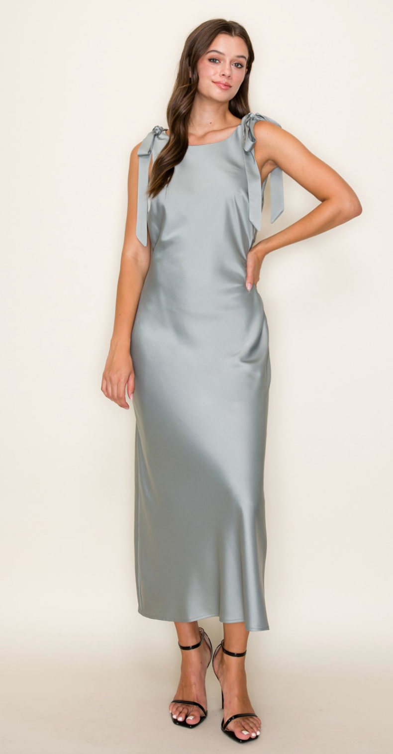 Solid Satin Cowl Back Sleeveless Bow Midi Dress