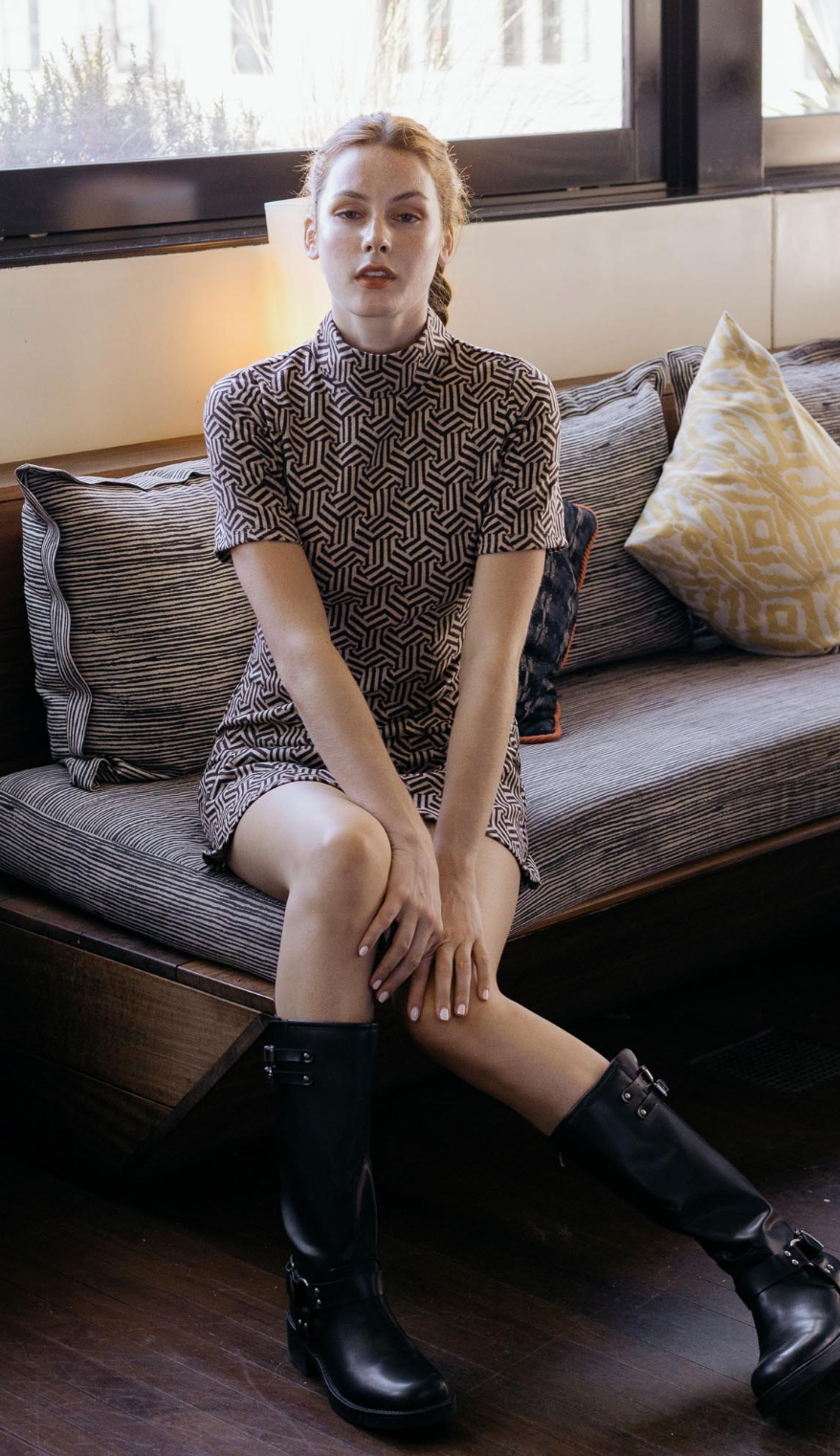 Geo Print High Neck Short Sleeve Mini Dress