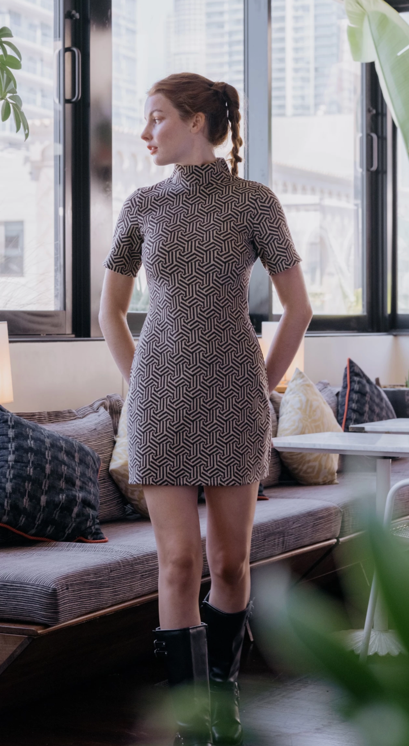 Geo Print High Neck Short Sleeve Mini Dress