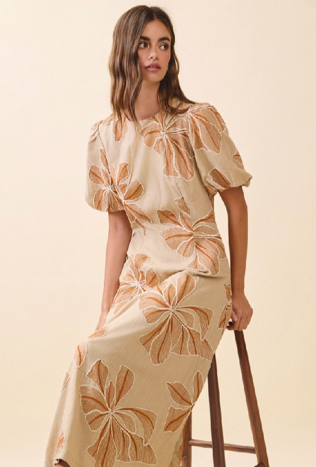 Embroidered Midi Dress with Round Neck