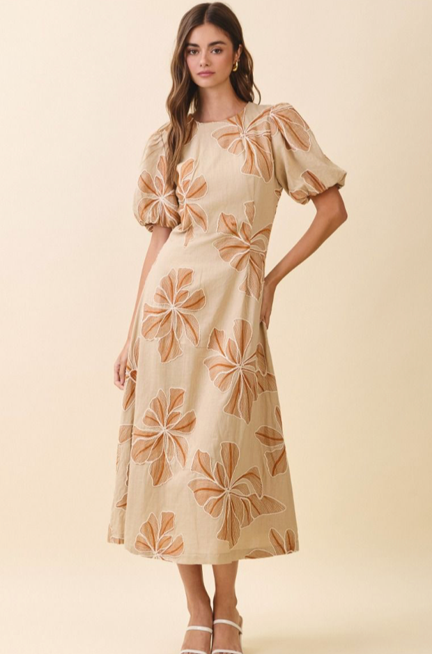 Embroidered Midi Dress with Round Neck