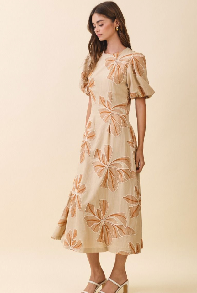 Embroidered Midi Dress with Round Neck